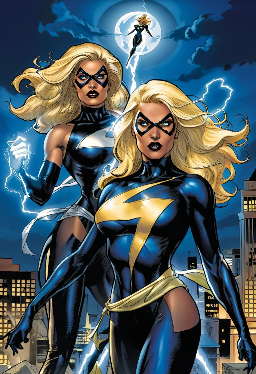 A comic book-style Marvel cover showing two heroines, Centella with short blonde hair, bright blue suit with white lightning symbol, and Tempest with long black hair, blue and white suit, in heroic poses, surrounded by a night cityscape with disturbing shadows in the background. In the sky, the dark figure of the villainous Night Lady is seen, a tall and thin woman, with hair black as night and eyes bright as the full moon, dressed in a tight black suit that allows her to move with agility and discretion. His abilities include the ability to blend into shadows to become invisible., create illusory projections that disorient your enemies, and launch blasts of dark energy that can weaken your opponents.