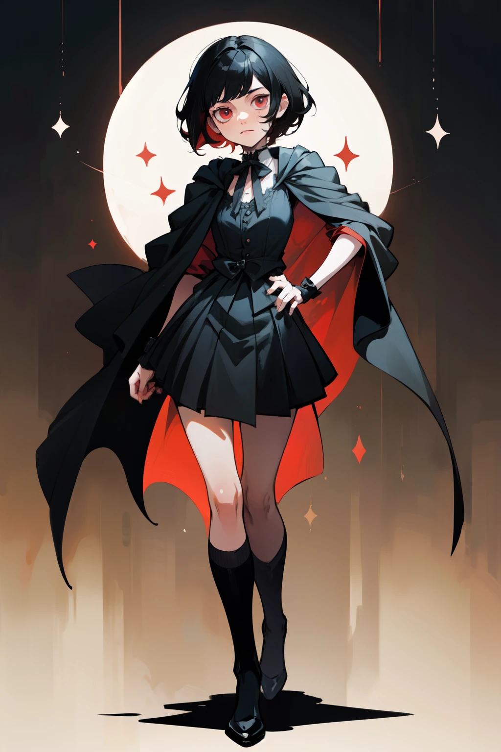 anime female character, short black hair, hair reaches shoulders, messy hair, bangs, red eyes, vest, black cloak, full body shot, pose, elegant, bangs, ouji fashion, "Black Butler" inspired outfit., anime, Gothic art, masterpiece, anatomically correct, accurate, high details, highres, 4K