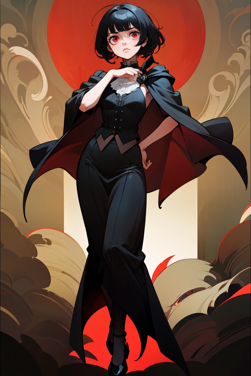 anime female character, short black hair, hair reaches shoulders, messy hair, bangs, red eyes, vest, black cloak, full body shot, pose, elegant, bangs, ouji fashion, "Black Butler" inspired outfit., anime, Gothic art, masterpiece, anatomically correct, accurate, high details, highres, 4K