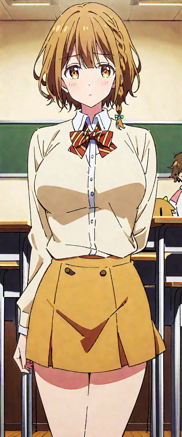 32k, chica estilo anime, cowboy shot, yoshino_koiwai, brown hair, yellow eyes, short hair, braid, side braid, single braid, bangs, big breast, tits, hair ornament, bow, bowtie, cian panties, blushing,wearing a brown miniskirt with squares, blue yersey with a white shirt, with a red tie, in pose sesy in a classroom.