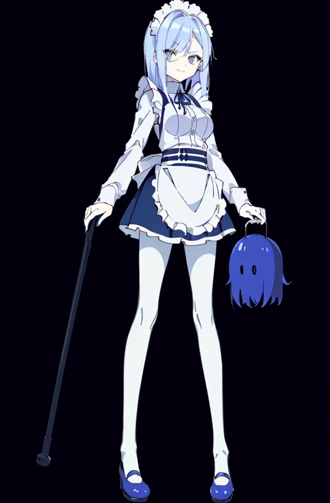 ((cathedral background)),1 girl,blue hair, plump and slender girl, (girl wearing white shirt, black wrinkled skirt, with black transparent pantyhose), ((blue medium hair)),((White Maid Costume)),blue eyes,((whole body)),whole body,((White Maid Costume)),((White Maid Costume)),evil smile,((cathedral background)),((cathedral background)),((slim body)),((slender body)),((thin legs)),