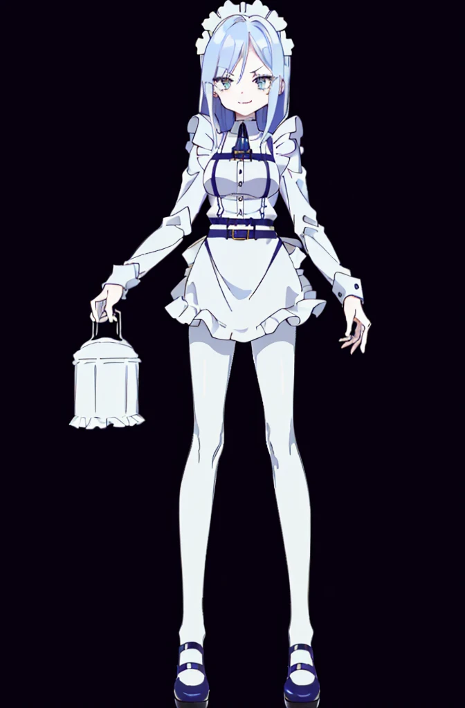 ((cathedral background)),1 girl,blue hair, plump and slender girl, (girl wearing white shirt, black wrinkled skirt, with black transparent pantyhose), ((blue medium hair)),((White Maid Costume)),blue eyes,((whole body)),whole body,((White Maid Costume)),((White Maid Costume)),evil smile,((cathedral background)),((cathedral background)),((slim body)),((slender body)),((thin legs)),