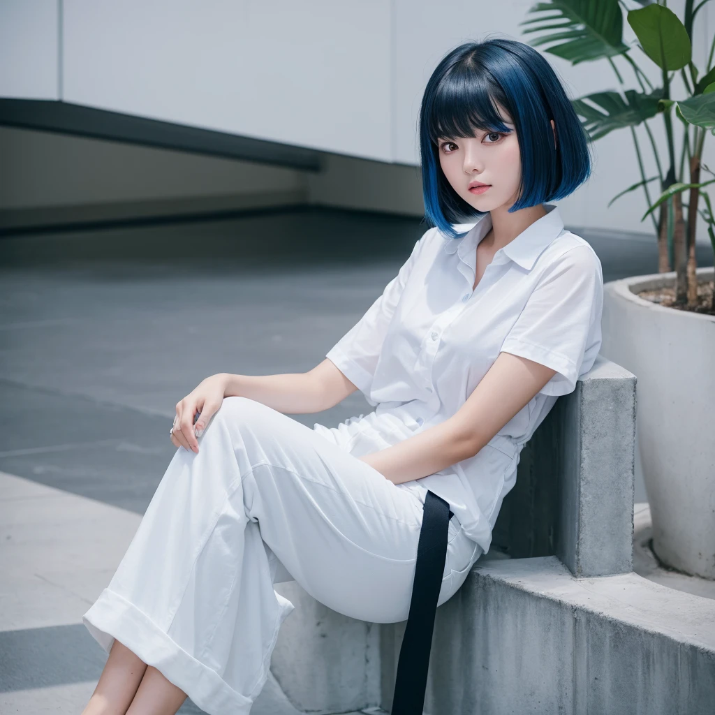 A 25-year-old woman with short black hair and blue inner color, wearing a white shirt and black long pants, with bangs below her eyebrows