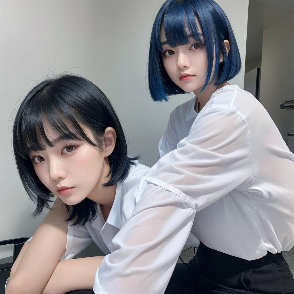 A 25-year-old woman with short black hair and blue inner color, wearing a white shirt and black long pants, with bangs below her eyebrows