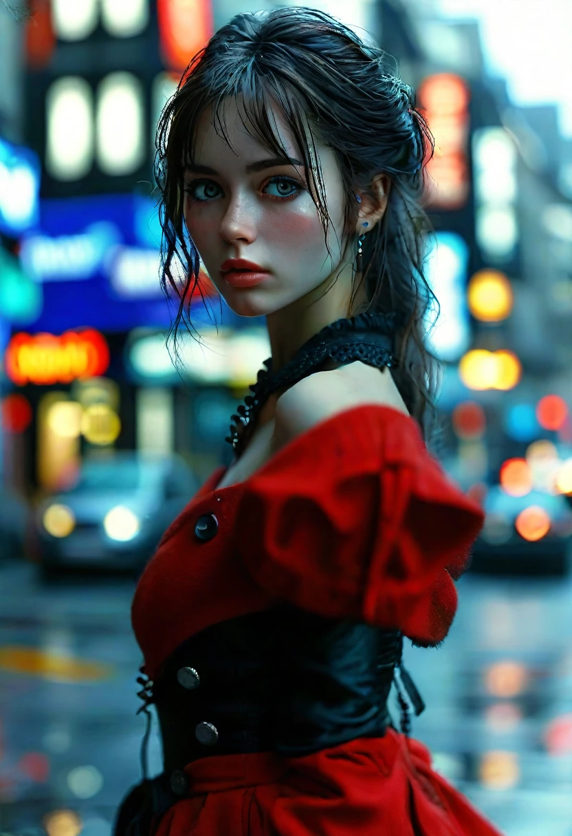 highres,masterpiece,best quality,extremely detailed,nsfw,1girl,city, street,arms behind back, black skirt, red coat, eye focus,