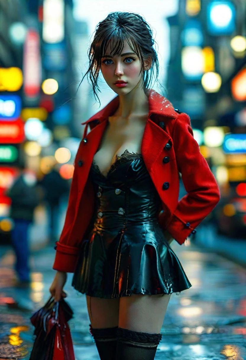 highres,masterpiece,best quality,extremely detailed,nsfw,1girl,city, street,arms behind back, black skirt, red coat, eye focus,