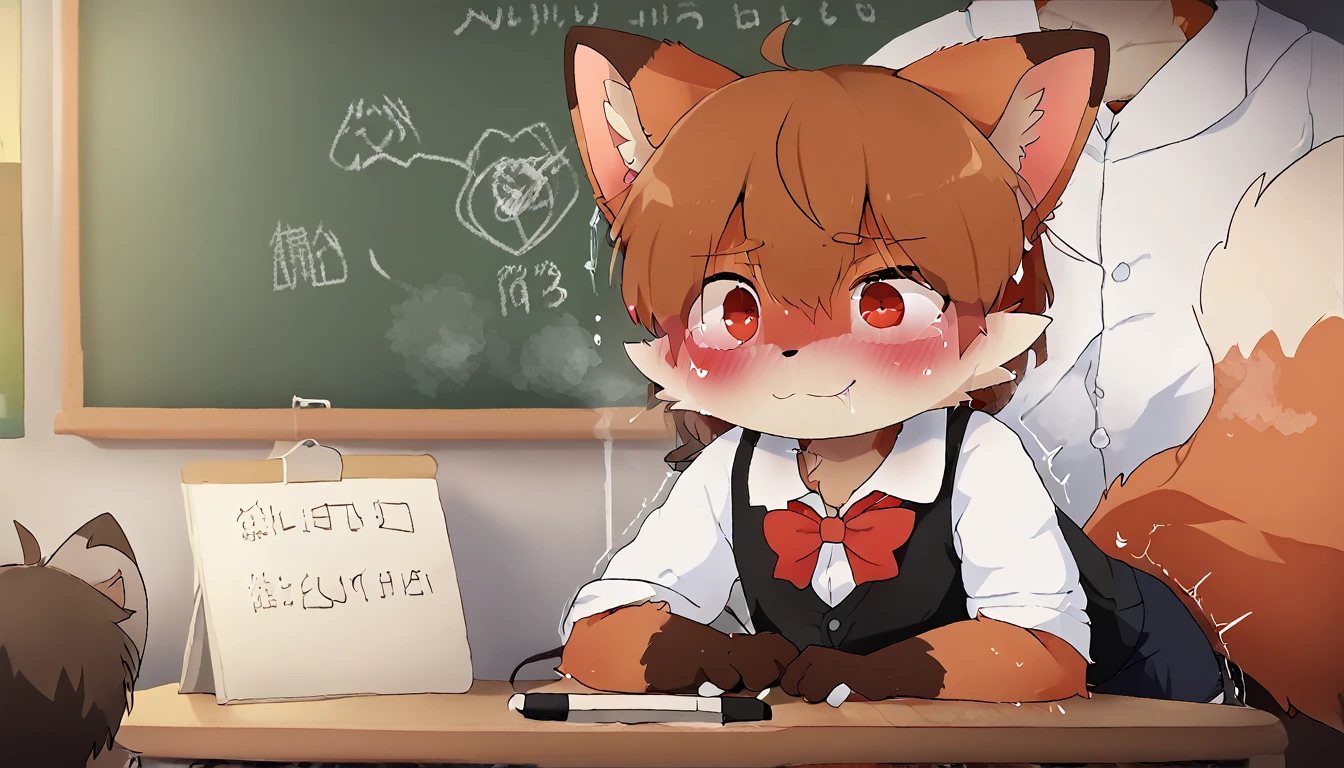 A shota cat have colour dark brow fur with red eyes, wear glasses a bit have small dick with uncomfortable face and scare because pay the price of losing with a dealer by sex