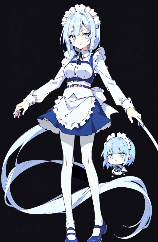 ((cathedral background)),1 girl,blue hair, plump and slender girl, (girl wearing white shirt, black wrinkled skirt, with black transparent pantyhose), ((blue medium hair)),((White Maid Costume)),blue eyes,((whole body)),whole body,((White Maid Costume)),((White Maid Costume)),evil smile,((cathedral background)),((cathedral background)),((slim body)),((slender body)),((thin legs)),
