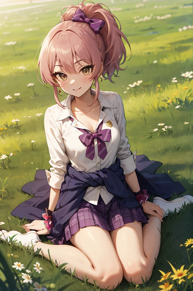 masterpiece, best quality, highres, aamika, ponytail, hair bow, collarbone, , striped, bowtie, collared shirt, white shirt, sleeves rolled up, wrist scrunchie,, clothes around waist, plaid skirt, purple skirt, wariza, field, smile, grass, outdoors