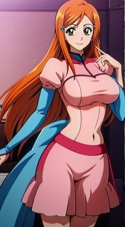 1girl, Orihime Inoue, orange hair, longe hair, pink dress, stripy print outfit, legins, longe slevees, blue hair clip, hairband, room, Indoors, smiling,