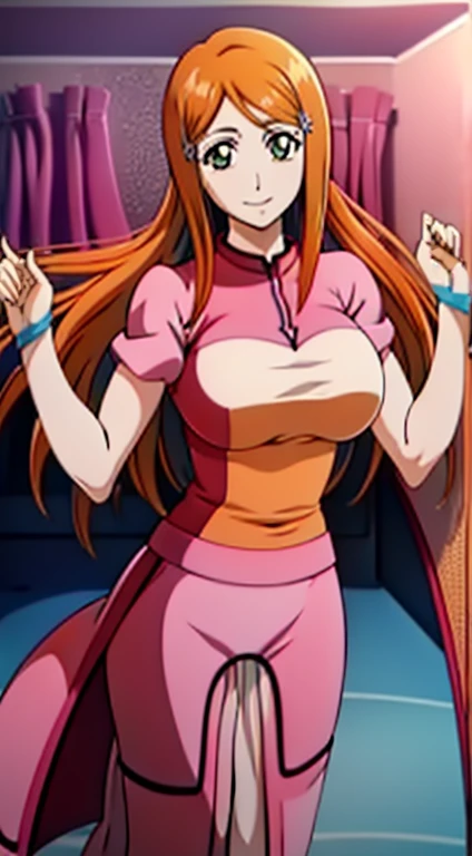 1girl, Orihime Inoue, orange hair, longe hair, pink dress, stripy print outfit, legins, longe slevees, blue hair clip, hairband, room, Indoors, smiling, 