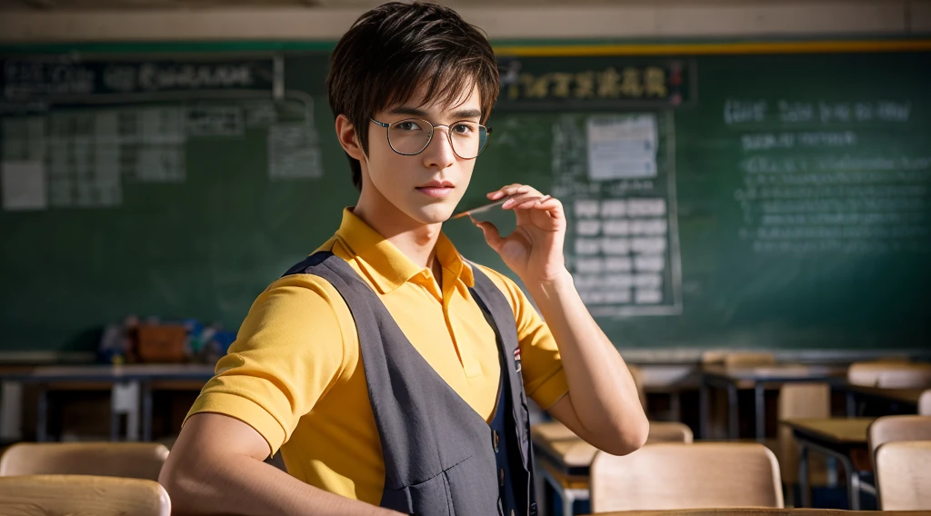 The image shows a handsome male anime character with cyborg arms, wearing a yellow shirt, vest, and glasses, standing in a classroom with a blackboard and desk.