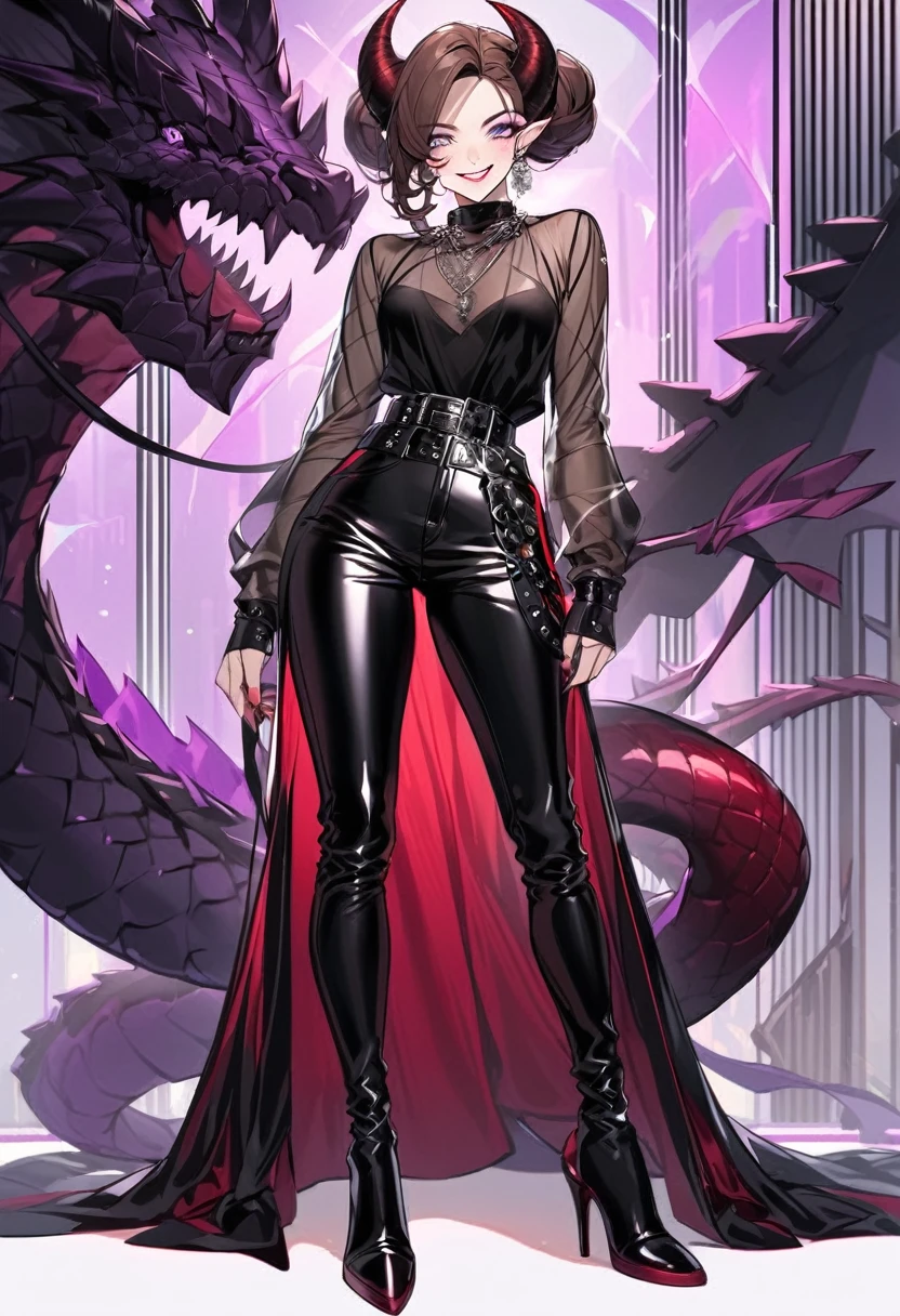 Tall woman, cheeky smile, brunette, hair gathered in a low bun, strands on the sides of face, red and black clothes with transparent fabric on top clothes, deep necklace, purple eyes, dragon tail and horns, belts, pants, light lipstick, high heels leather boots