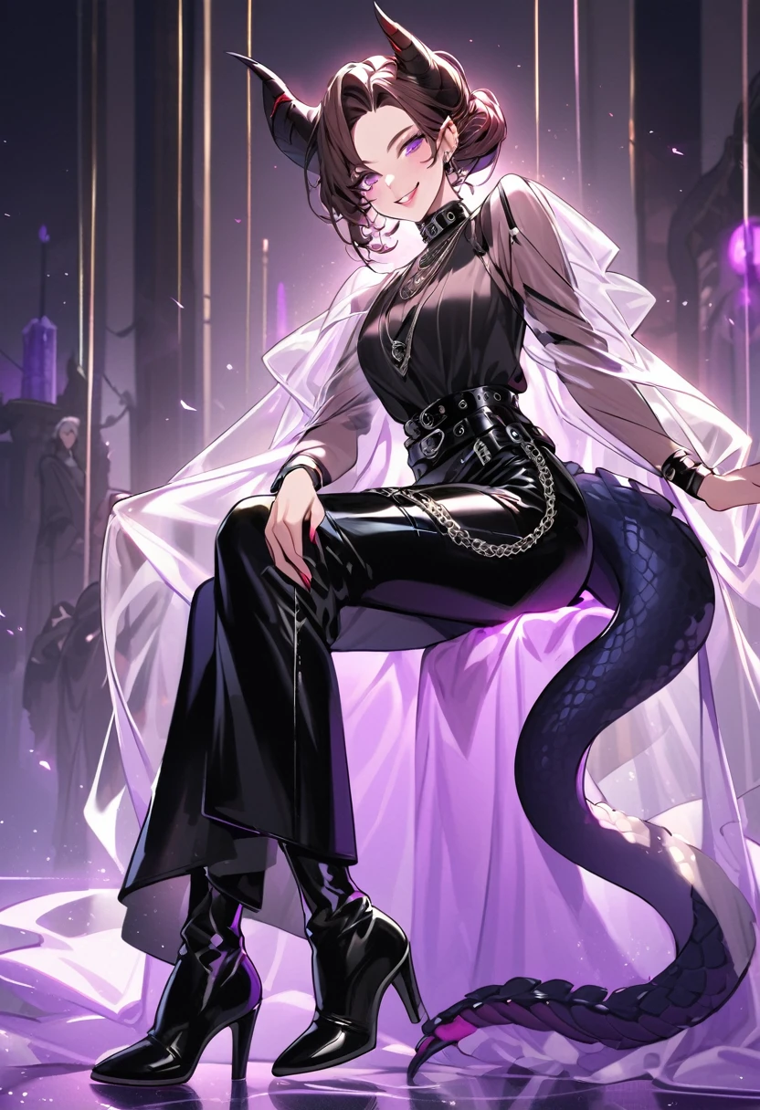 Tall woman, cheeky smile, brunette, hair gathered in a low bun, strands on the sides of face, red and black clothes with transparent fabric on top clothes, deep necklace, purple eyes, dragon tail and horns, belts, pants, light lipstick, high heels leather boots
