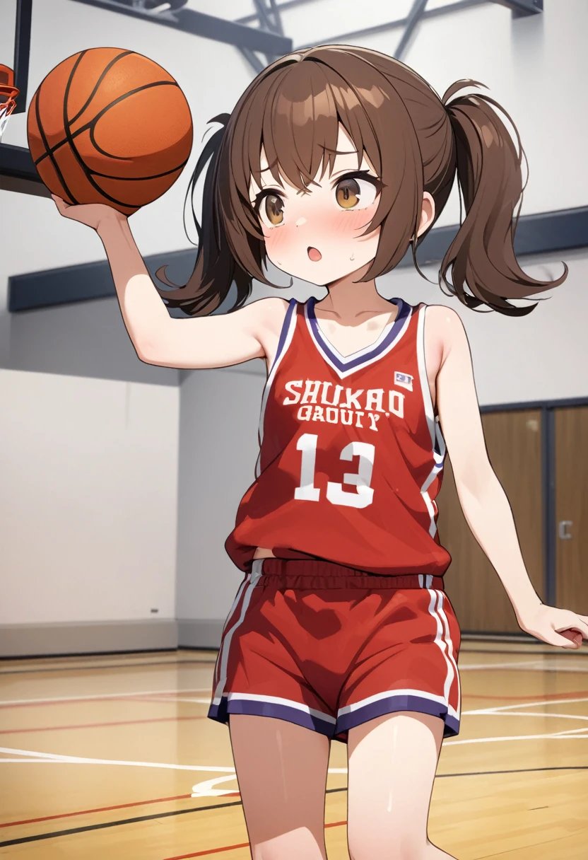 masterquality,4k,nsfw,nude,🏀collarbrown,
Poorly built, short girl in mini-basketball uniform
Twin-tail hair
Gymnasium with basketball goal