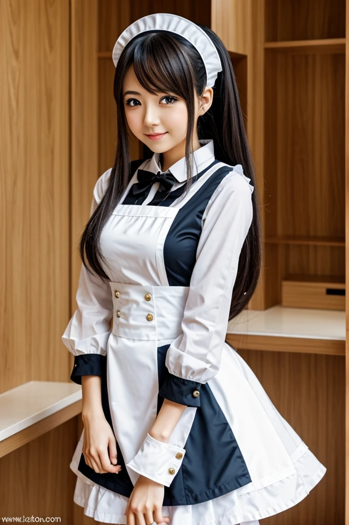 Anime girl dressed in a maid outfit sitting on a chair spreading her legs 