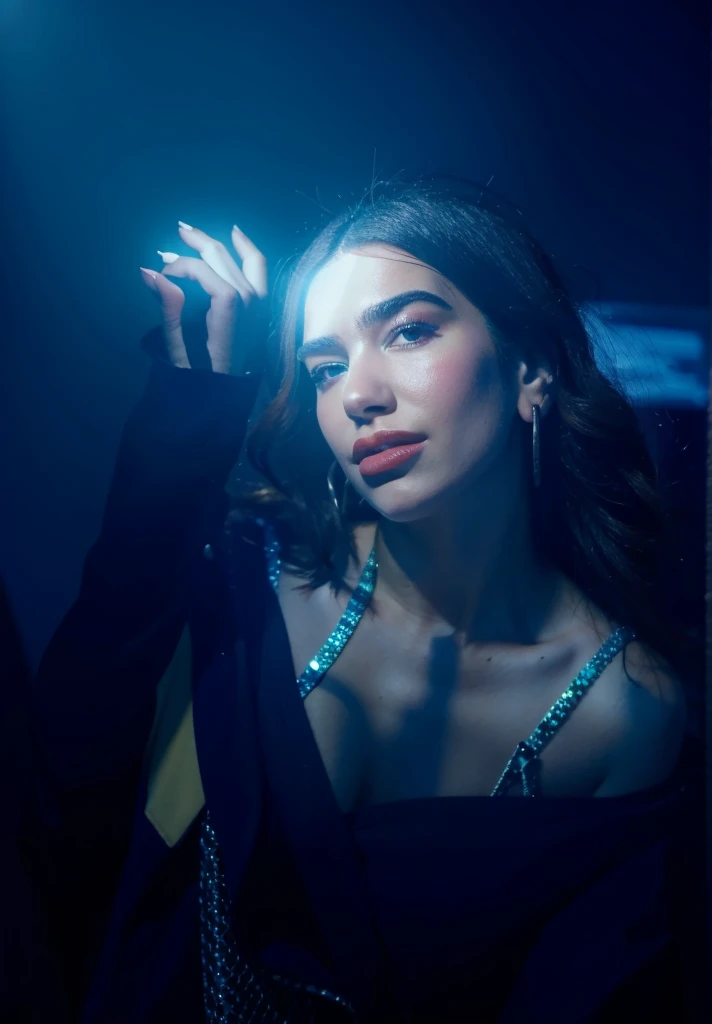 Dua lipa bright makeup mature face, realistic with details 