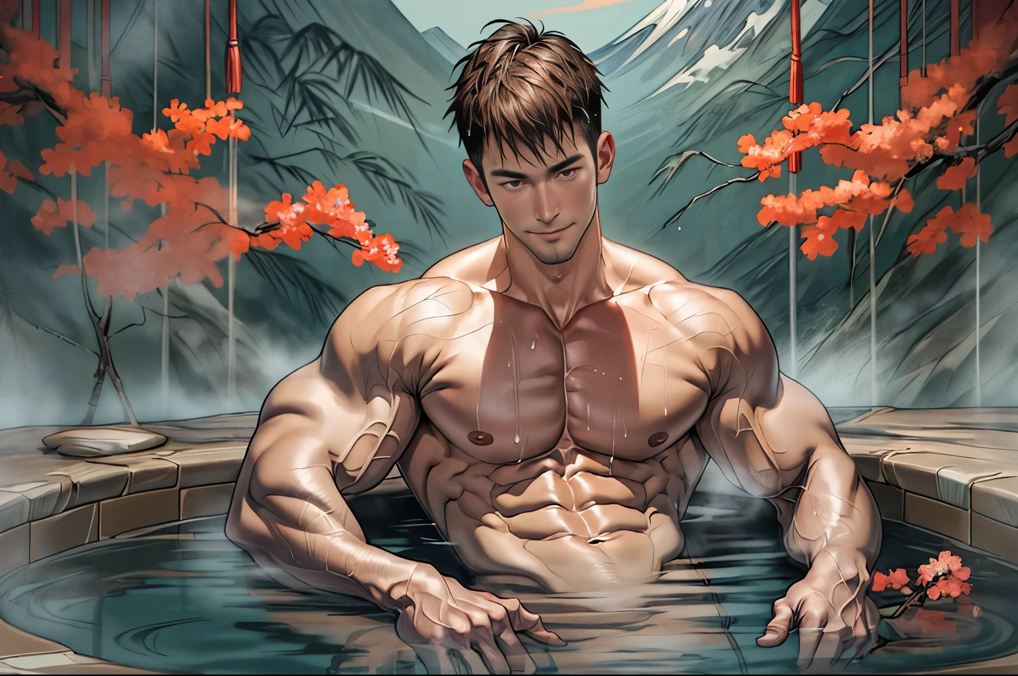 Clear background、A handsome tall Japanese man, He is 28 years old,Thin waist,The pectoral muscles are well developed, He is 175cm tall,Weight 62 kg、Brown eyes、brown hair color、short hair、Shirtless、Wearing a bath towel around the lower body、looking into camera,Smile,In a spacious Japanese hot spring bathhouse,Japanese style painted tiles,Mount Fuji wall painting,Mirror,Barrel,Bath amenities,Soaked all over,water vapour,Japanese style