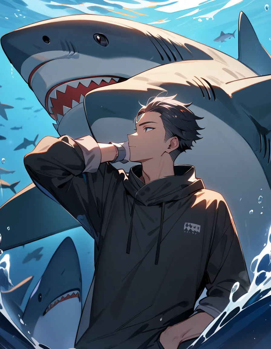 (1shark,) male focus, shark human, dark blue eye color, masterpiece, best quality, high quality, upper body, male focus