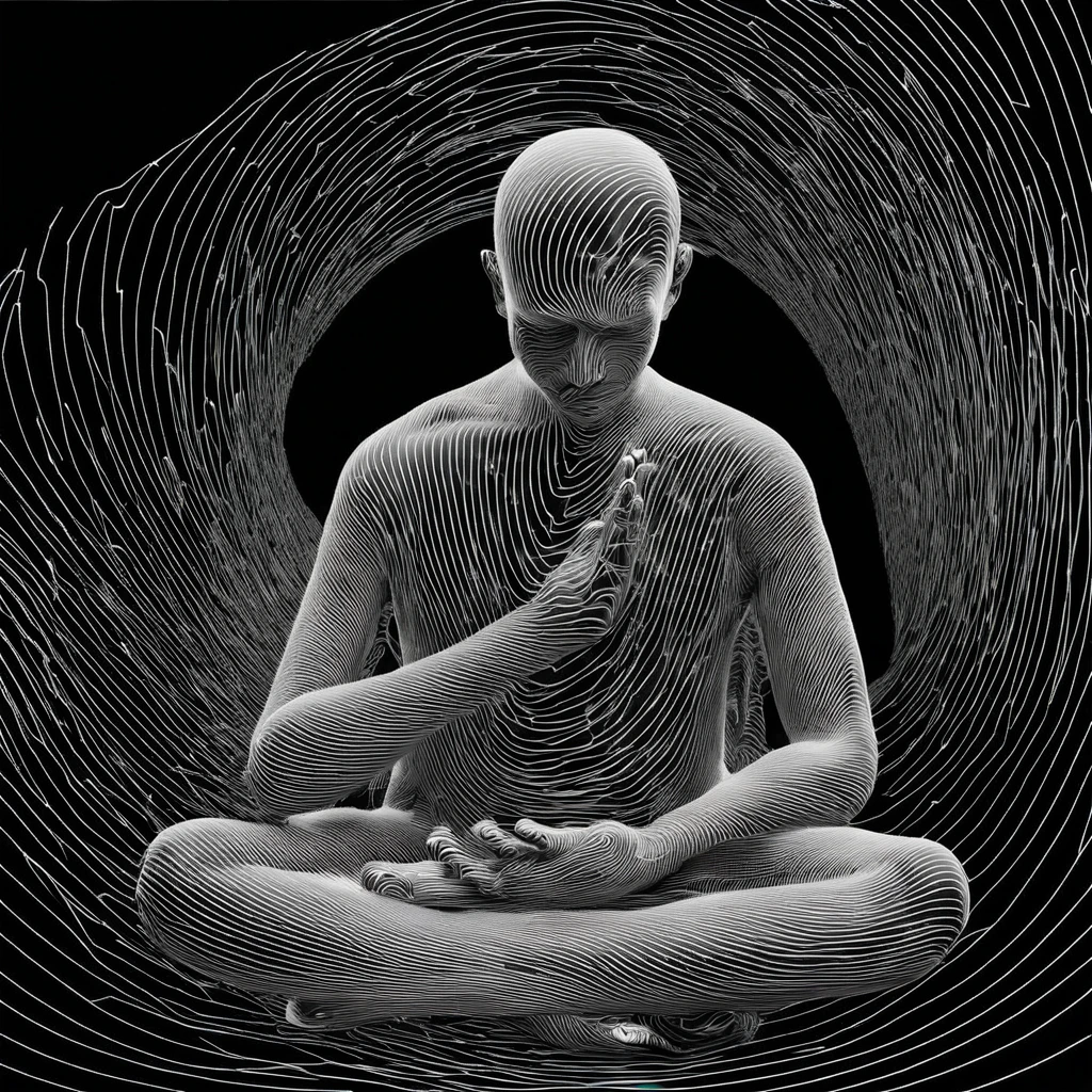 Portrait of a meditating man, Black and white spiral lines