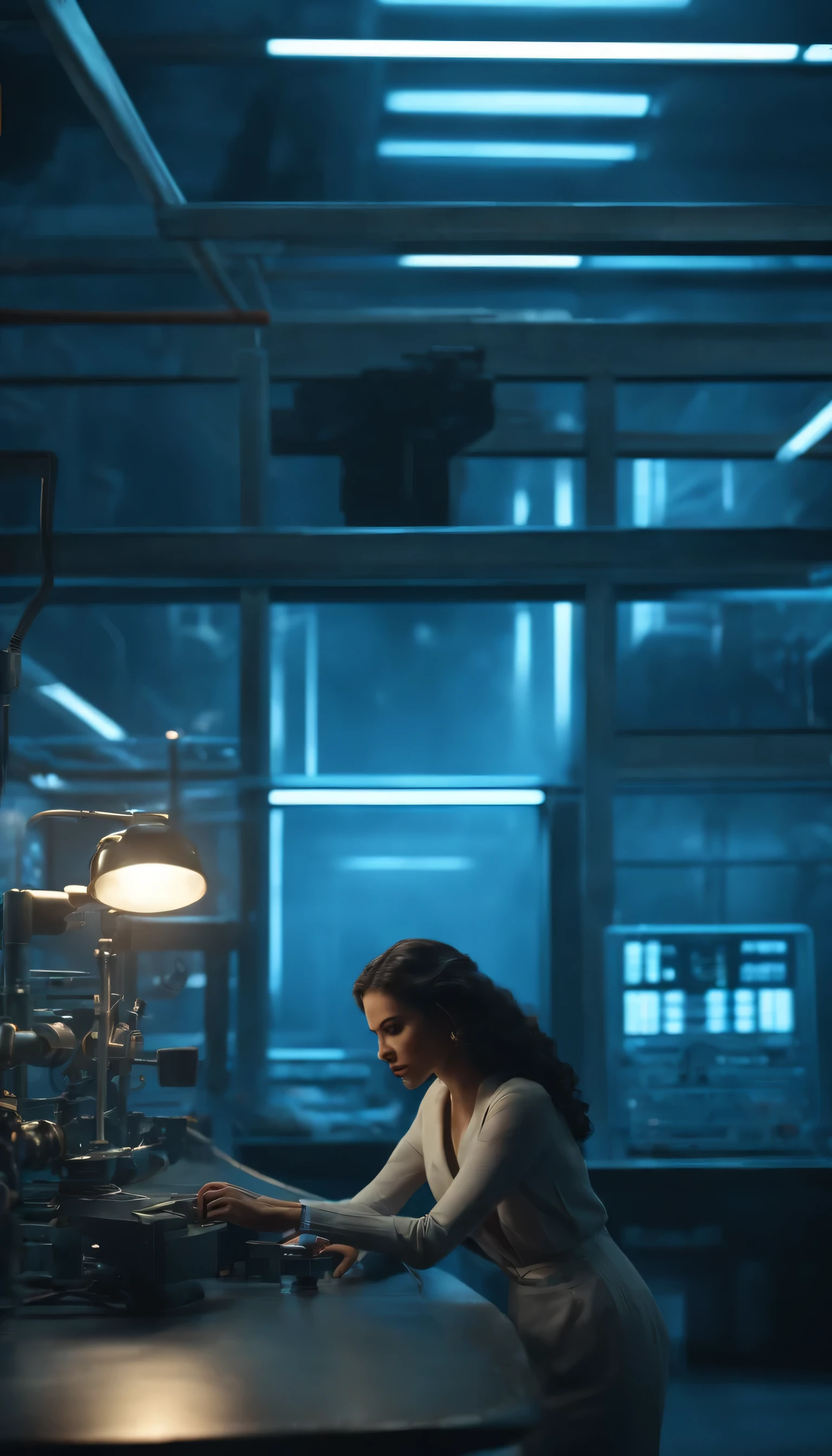 Maya went into the laboratory and found a device that erased the infected's memories, Maya destroyed the lab device, zoomed in shot of Maya destroying the device, 4k realistic imagery, blue scenery like a movie scene, old american setting, inspired by blade runner movie scene, blue tone,