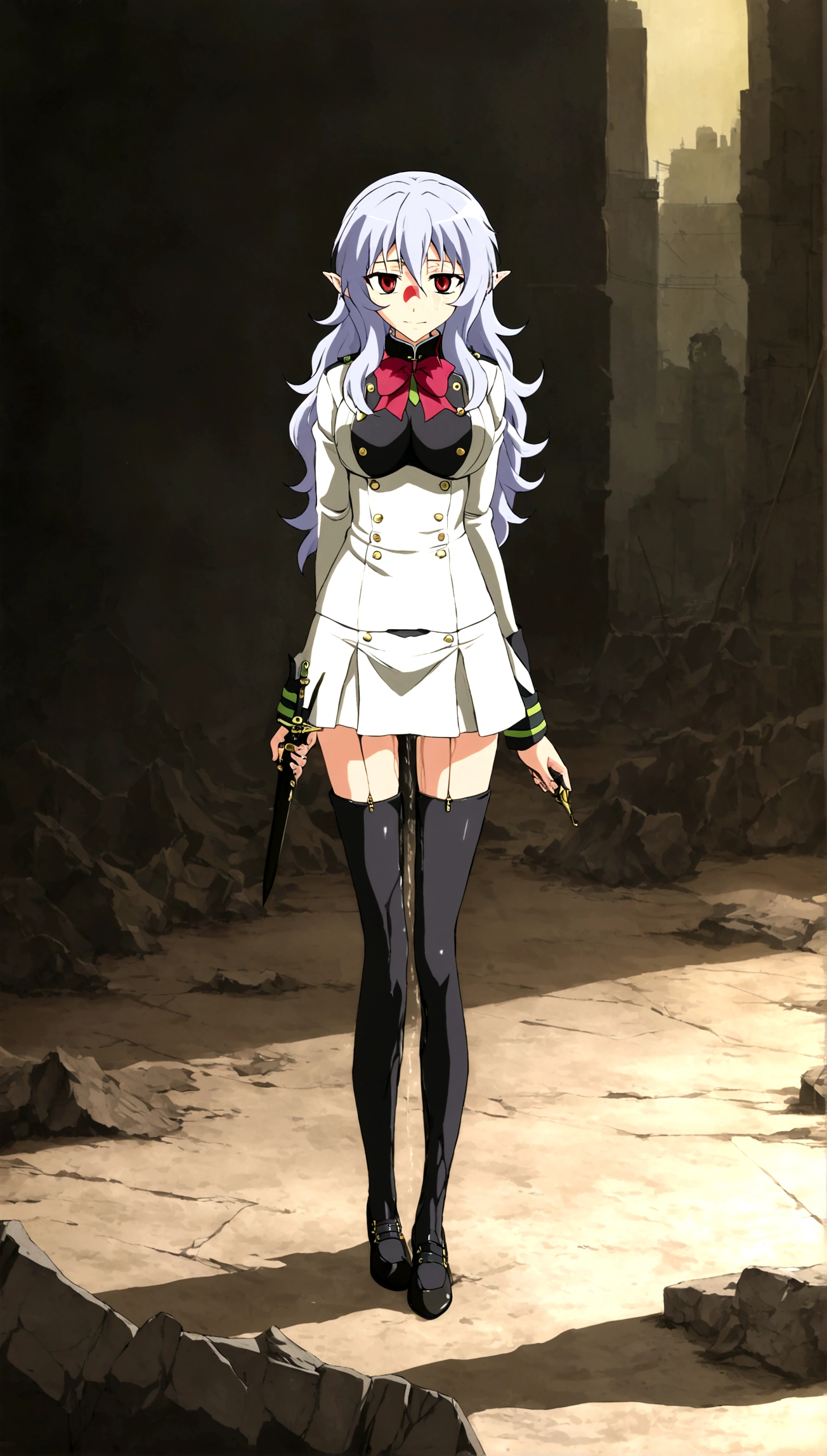Anime. Owari no Seraph. 1 Girl. Dear . A vampire. Progenitor Clumsy. Silver hair. Wavy hair. Long hair. Red eyes. Beautiful eyes. Perfect eyes. Expressive eyes. Ideal face. Perfect body. Beautiful long ones. legs. Beautiful nose. 18 years. Big breasts. Standing. Full length Beautiful character design. Shiny skin. Pointy ears. White dress. Vampire uniform dress from
Owari no Seraph. Black stockings. Heeled shoes. Urinary incontinence. She wants to pee. She needs to pee. She has a strong, desperate urge to pee. Hand on crotch. He squeezes his crotch tightly. Rubs the crotch. The girl can't stand straight. Knees together, feet apart. She peed herself. Urine runs down my thighs. Ruins of Tokyo. Full body. NSWF. Official art. Extremely detailed CG Unity 8k wallpaper. Ideal lighting. Ultra high resolution 4K. Super detailed 8K. A high resolution.