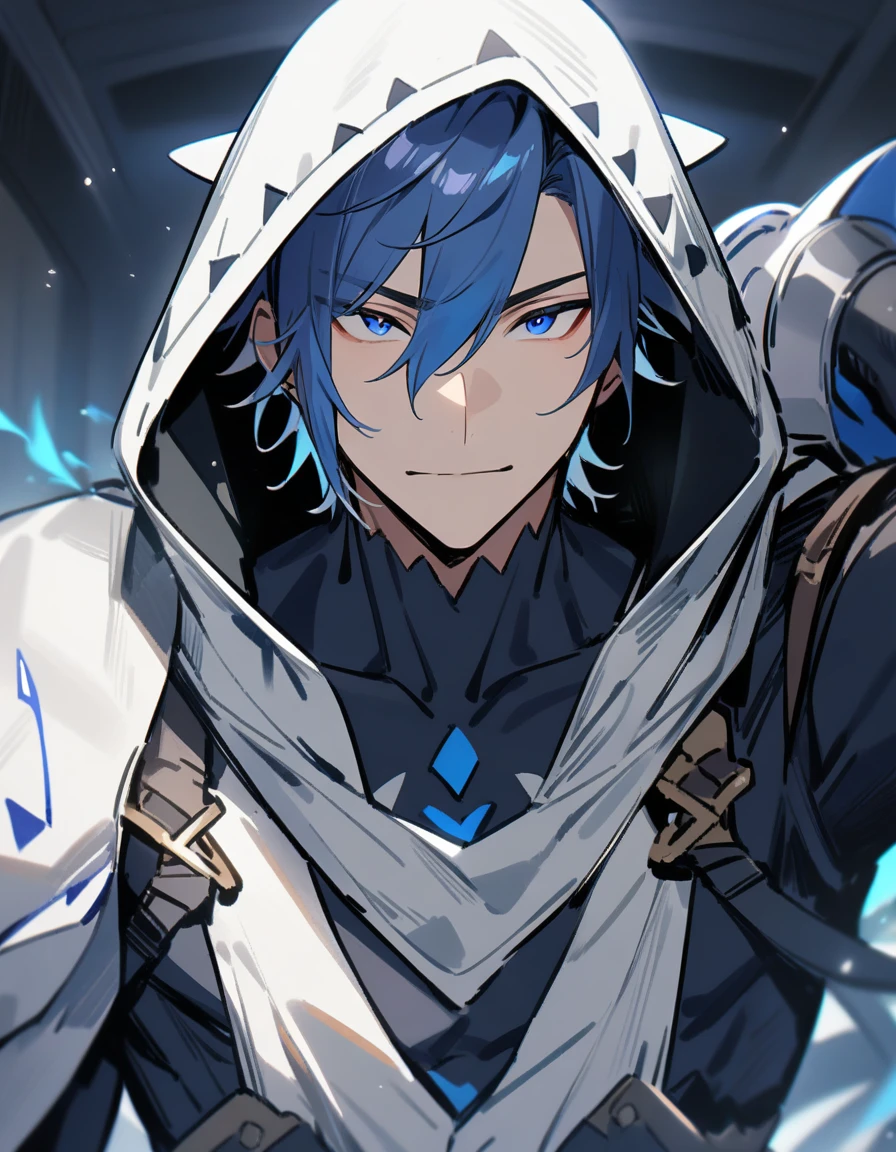 (1boy,) male focus, shark hybrid, dark blue eye color, masterpiece, best quality, high quality, upper body, male focus