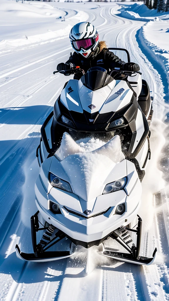 white chubby kitten excitedly driving snowmobile. Drone shot, high details, 8k