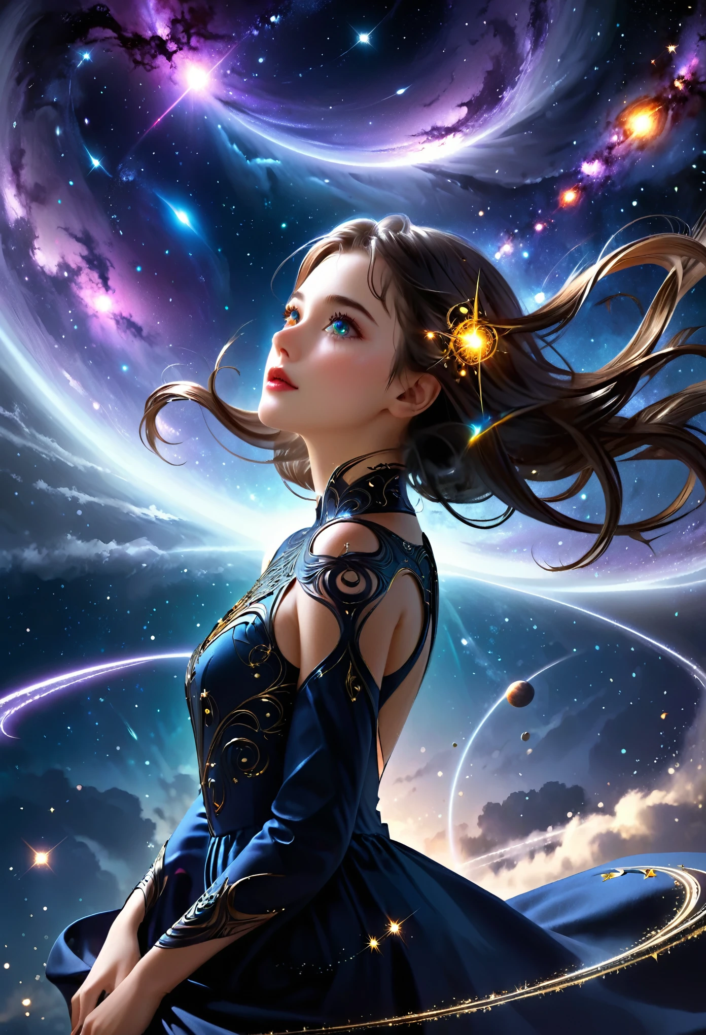 plano general, cuerpo entero, astrologa, magia astros, idílico, 1girl:1.5, beautiful detailed eyes, beautiful detailed lips, extremely detailed face and eyes, long eyelashes, elegant flowing dress, galaxy stars space background, cinematic lighting, ultra-realistic, 8k, high quality, masterpiece, photorealistic, hyper detailed, intricate details, dramatic lighting, vibrant colors, fantasy, concept art style