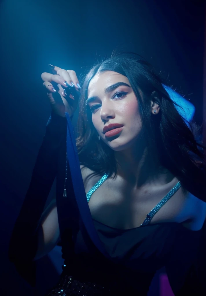 Dua lipa bright makeup face, realistic with long hair details