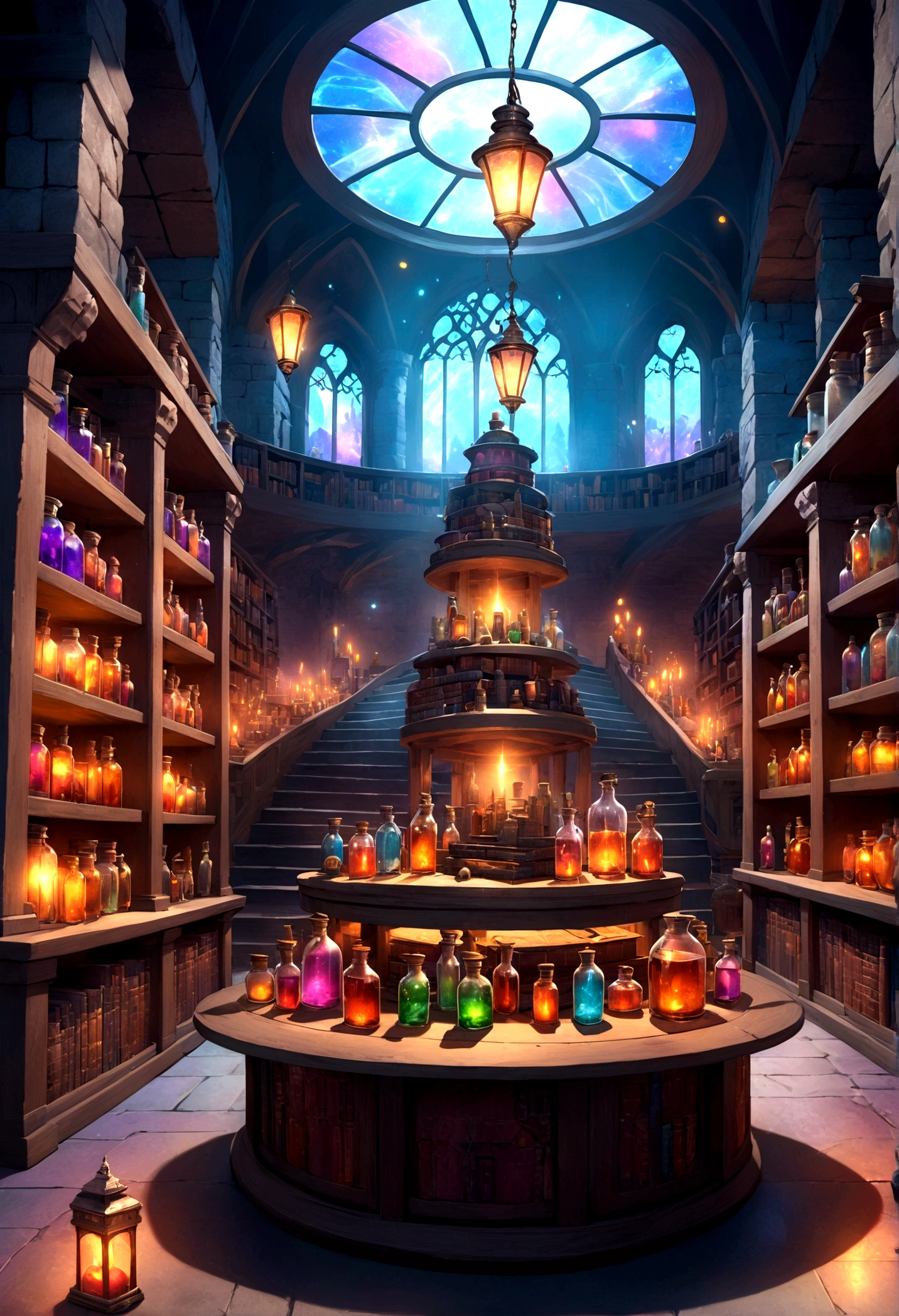 front view in the middle Mystical laboratory inside a castle with shelves of potion bottles, magical books, and artifacts with lanterns and glowing lights, realistic, good colors, good lighting, good reflections, highly detailed, game art