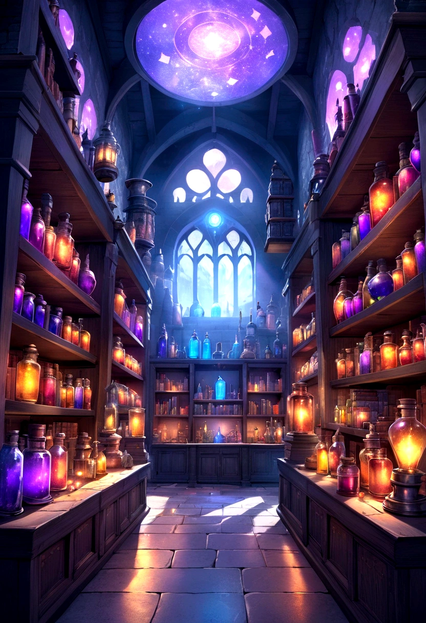 front view in the middle Mystical laboratory inside a castle with shelves of potion bottles, magical books, and artifacts with lanterns and glowing lights, realistic, good colors, good lighting, good reflections, highly detailed, game art