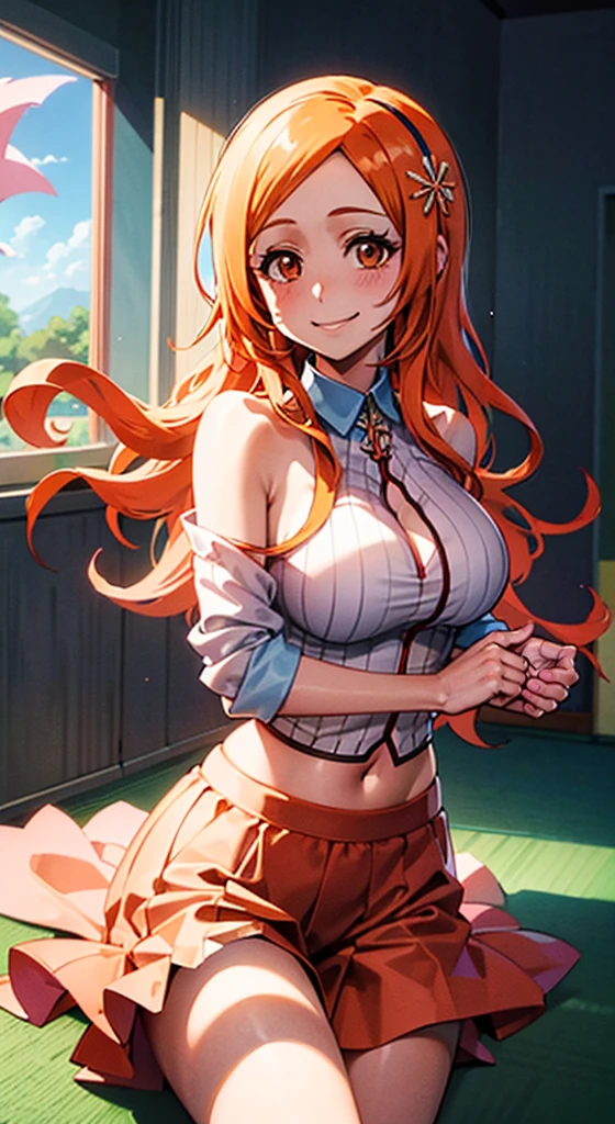 1girl, Orihime Inoue, orange hair, longe hair, pink dress, stripy print outfit, legins, longe slevees, blue hair clip, hairband, room, Indoors, smiling,