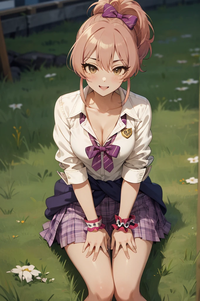 masterpiece, best quality, highres, aamika, ponytail, hair bow, collarbone, , striped, bowtie, collared shirt, white shirt, sleeves rolled up, wrist scrunchie,, clothes around waist, plaid skirt, purple skirt, , field, smile, grass, outdoors,(((Gyaru))),cleavage,lean forward