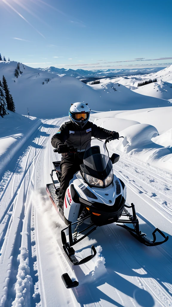 white chubby kitten excitedly driving snowmobile. Drone shot, high details, 8k