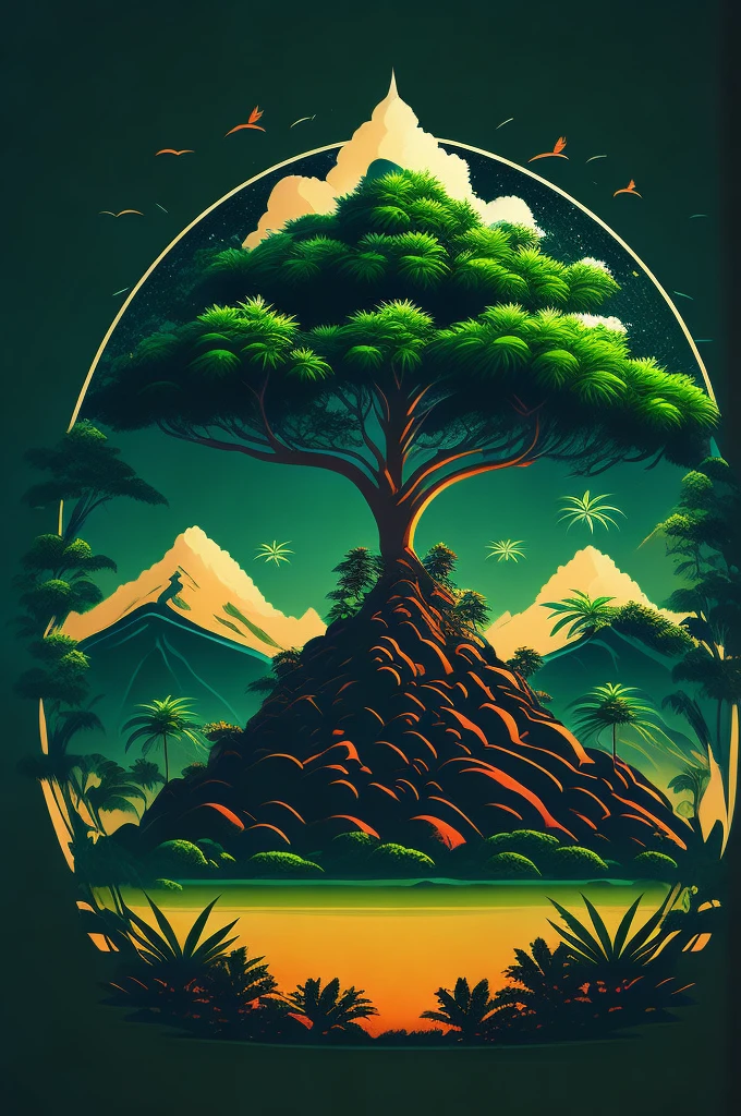 a marijuana tree in the Indonesian landscape, t-shirt design, rzminjornada, vectorial art