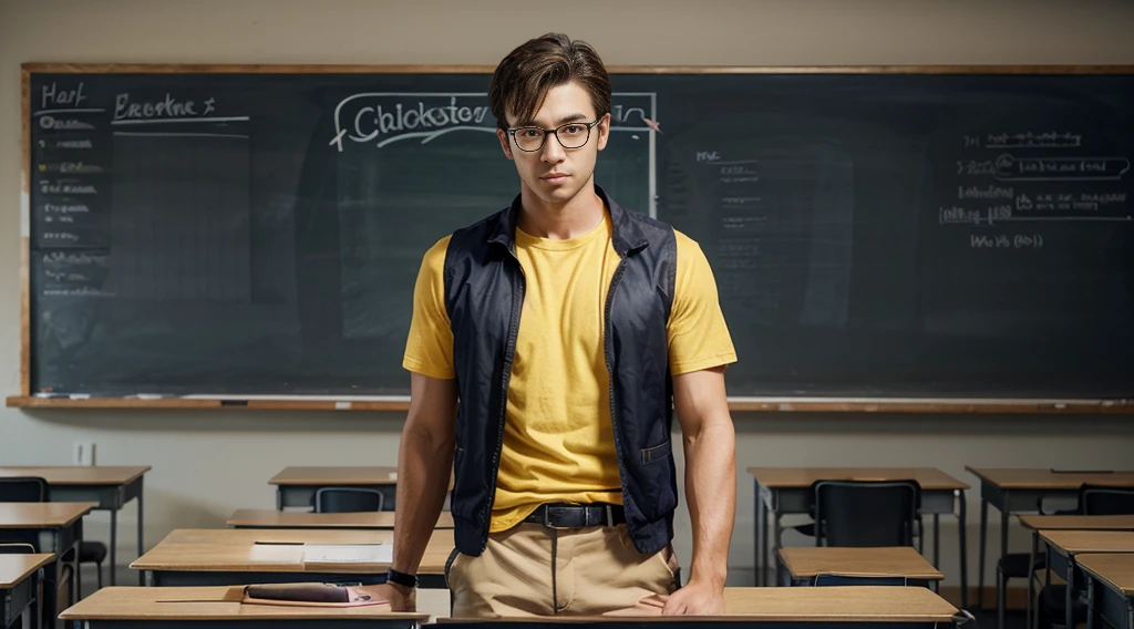 The image shows a handsome male anime character with cyborg arms, wearing a yellow shirt, vest, and glasses, standing in a classroom with a blackboard and desk.