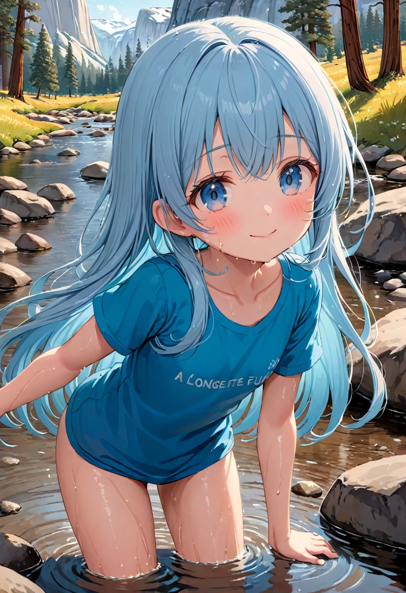 masterpiece, best quality, extremely detailed, (illustration, official art:1.1), 1 girl ,(((( light blue long hair)))), ,(((( light blue long hair)))),light blue hair, , long hair ((blush)) , cute face, big eyes, masterpiece, best quality,(((((a very delicate and beautiful girl))))),Amazing,beautiful detailed eyes,blunt bangs((((little delicate girl)))),tareme(true beautiful:1.2), sense of depth,dynamic angle,,,, affectionate smile, (true beautiful:1.2),,(tiny 1girl model:1.2),)(flat chest),、finely best quality, extremely detailed and beautiful, ultra high res, scenery, , , , kawaii, , slender, coquettish skin, (blush, wet, looking away:1.3), smile, happy, water drop, bottomless, various color typography t-shirt, various posture, looking at viewer, closed mouth, outdoor, Yosemite National Park, (playing in the river, have fun, blue water:1.2),(((Long T-shirt)))
