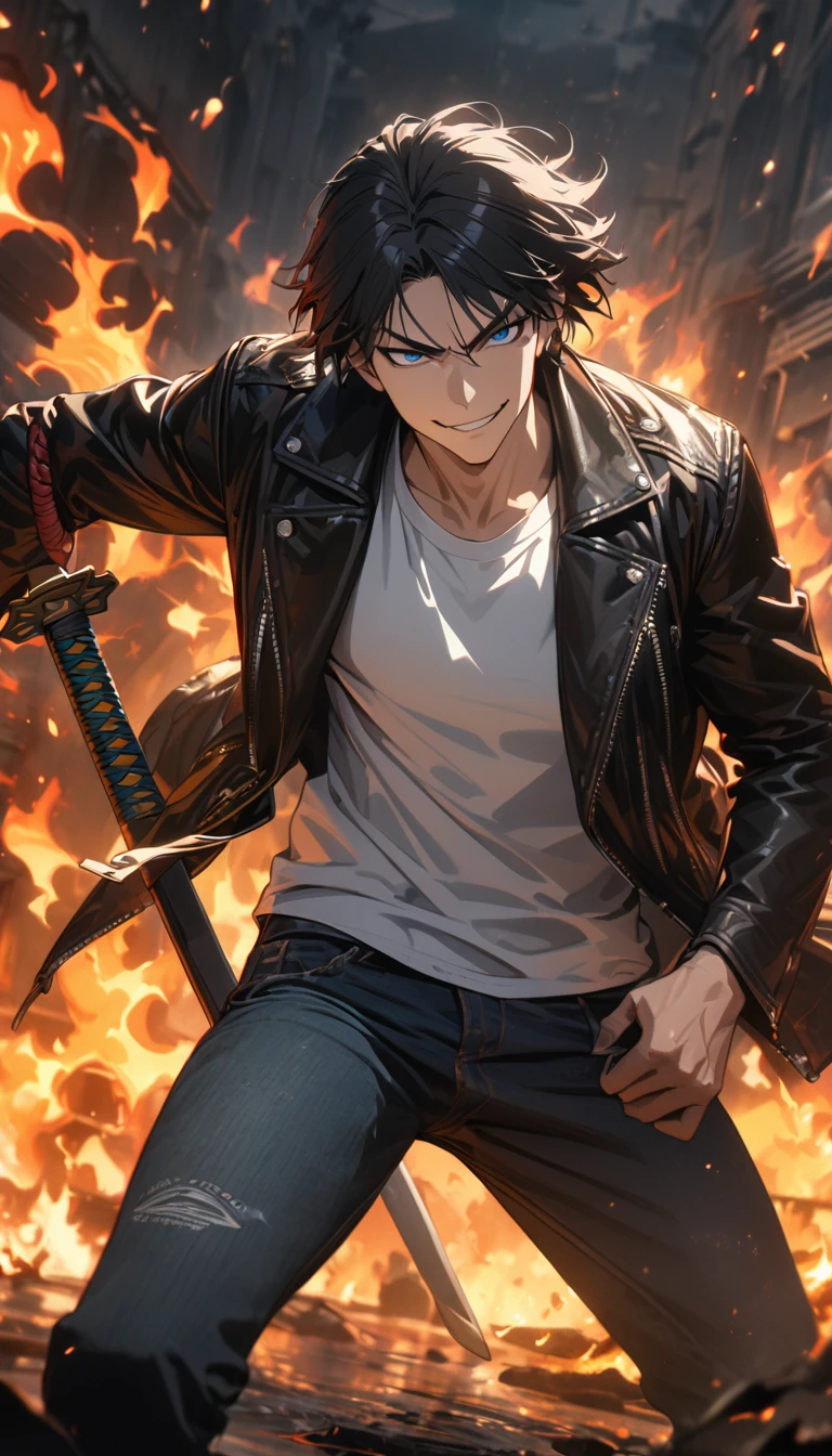 Adult guy, short black hair, blue eyes, black leather jacket, white T-shirt, jeans, katana, fire, smirk, Kusanagi clan, Masterpiece, best quality, Full HD, 8k, ultra details, great graphic