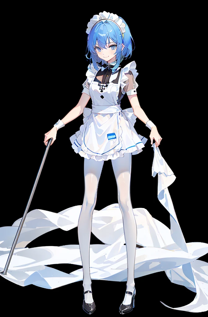 ((cathedral background)),1 girl,blue hair, plump and slender girl, (girl wearing white shirt, black wrinkled skirt, with black transparent pantyhose), ((blue medium hair)),((White Maid Costume)),blue eyes,((whole body)),whole body,((White Maid Costume)),((White Maid Costume)),evil smile,((cathedral background)),((cathedral background)),((slim body)),((slender body)),((thin legs)),
