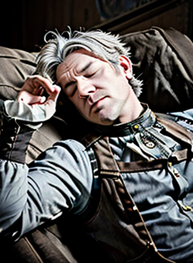 A photorealistic picture of a sleazy, middle aged man with the eyes closed, short unkempt gray hair, pale skin, dressed as a steampunk aristocrat, nine o'clock shadow, eyes closed, sleeping