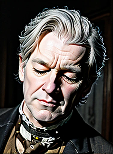 A photorealistic picture of a sleazy, middle aged man with the eyes closed, short unkempt gray hair, pale skin, dressed as a steampunk aristocrat, nine o'clock shadow, eyes closed, sleeping