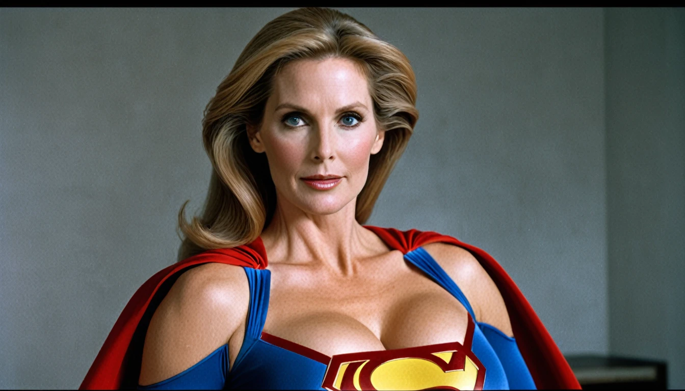 Close-up; old Julie Hagerty Supergirl; big and super strong breasts. HD. Photograph, ((realism)), extremely high quality RAW photograph, ultra detailed photograph, sharp focus, high resolution, (detailed skin:1,3),high quality, film grain, Fujifilm XT3,Highly Detailed, movie, (Cinematic Photo:1.3) of (Realistic:1.3)