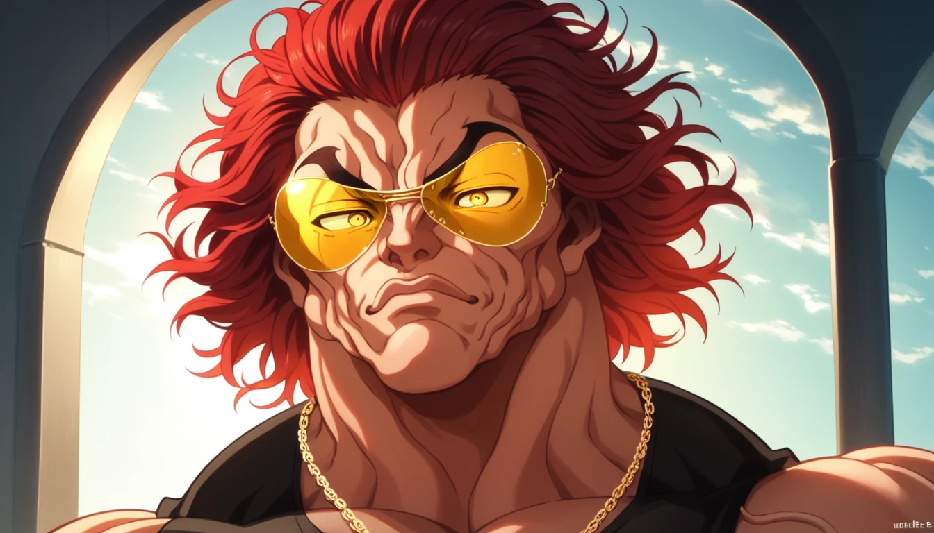 score_9, score_8_up, score_7_up, YujiroHanma, 1boy, male focus, solo, black shirt, 3 gigant chain necklaces, gold, hip hop, rap, aviator sunglasses, yellow-tinted eyewear, muscular male, red hair, manly, veins, pupils, dynamic lighting, extremely detailed, portrait, serious expression, very veiny, glare