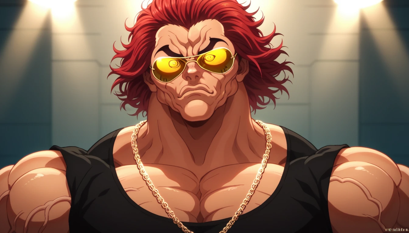 score_9, score_8_up, score_7_up, YujiroHanma, 1boy, male focus, solo, black shirt, 3 gigant chain necklaces, gold, hip hop, rap, aviator sunglasses, yellow-tinted eyewear, muscular male, red hair, manly, veins, pupils, dynamic lighting, extremely detailed, portrait, serious expression, very veiny, glare