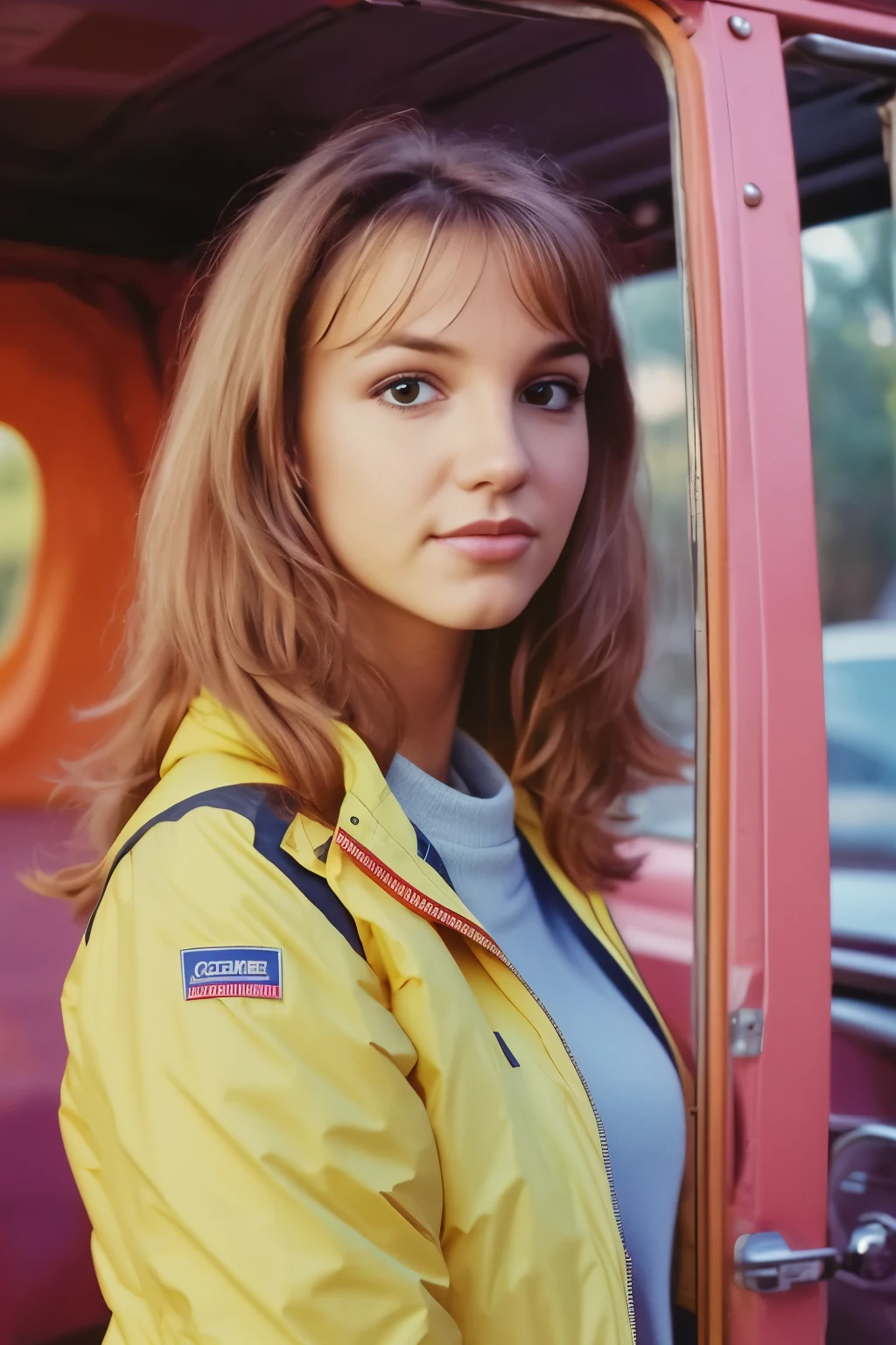Poster, 80s style, beautiful girl, brown hair, fluffy hairstyle in the 80s style, bright makeup in the 80s style, brown eyes, red lipstick, yellow one-piece swimsuit, neckline, (slightly transparent clothes), (black leather jacket), striped leg warmers, posing, (bright yellow background), (looks at viewer), smiles, sunlight passes through hair