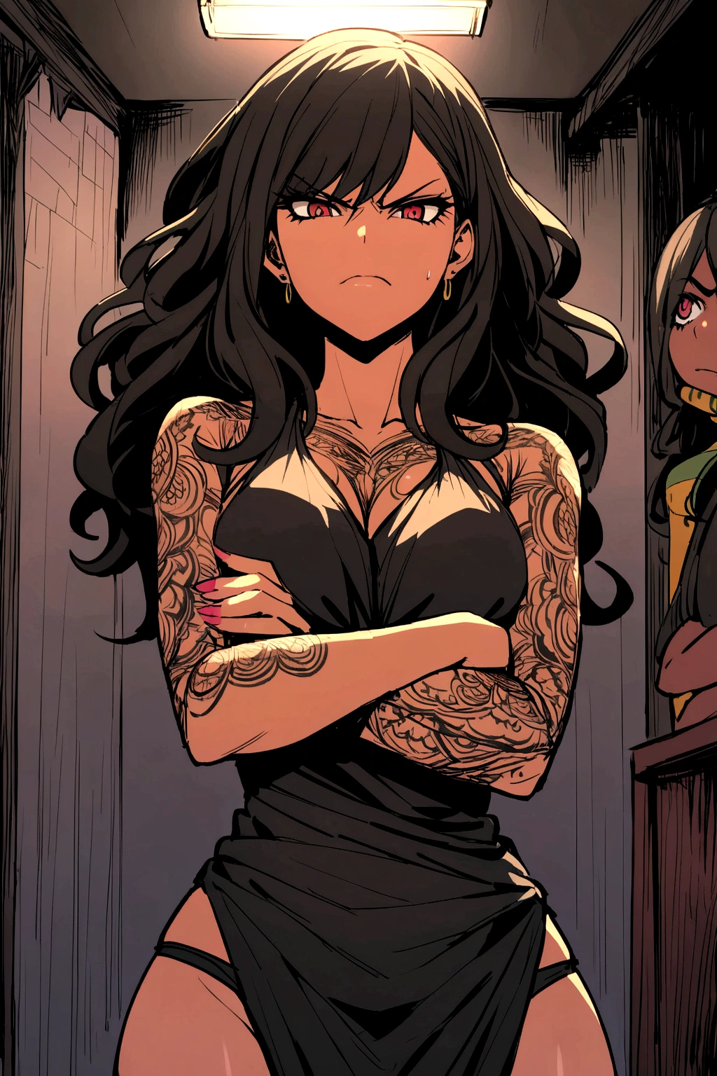 A woman from Rio de Janeiro, with tattoos and favela clothes. In a dark torture room looking