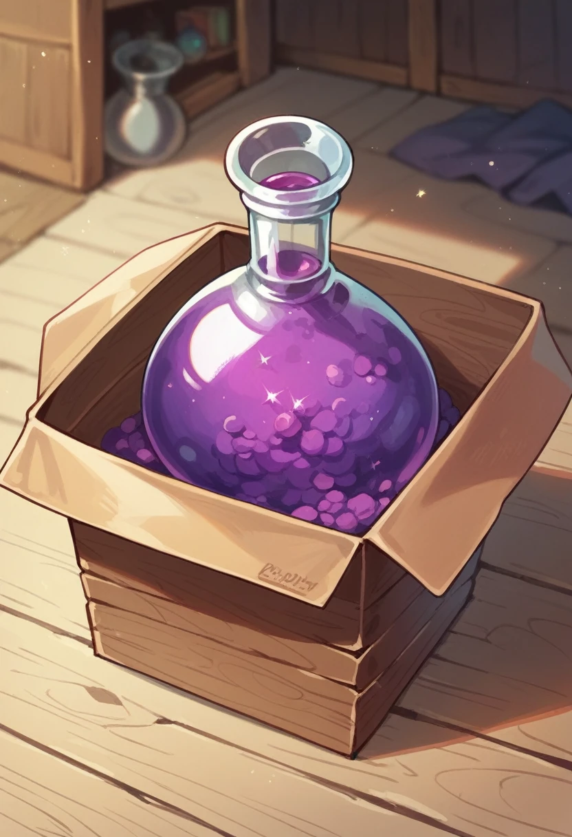 Purple potion with glitter inside a wooden box with runes