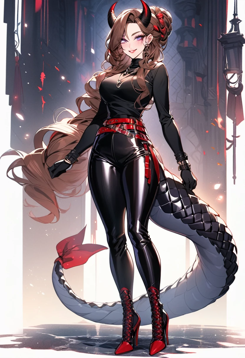 Tall woman, cheeky smile, brunette, hair gathered in a low bun, strands on the sides of face, red and black tight clothes, deep necklace, purple eyes, dragon tail and horns, belts, pants, light lipstick, high heels leather boots