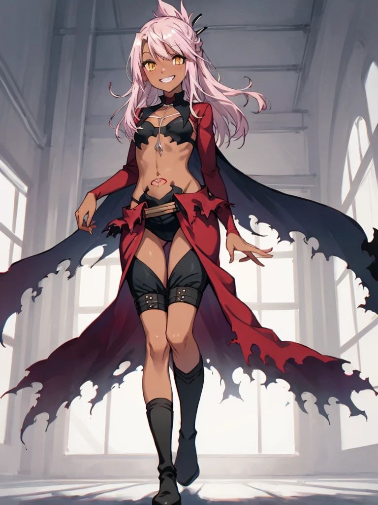 (extremely detailed fine touch:1.2), masterpiece, best quality, highly quality  perfect face, lustrous skin, narrow waist, wide hips, perfect face,   chloekuro, long hair, dark skin, dark-skinned female, pink hair, navel, boots, waist cape, cape, stomach tattoo, hair ornament, yellow eyes, small breasts, standing,from below,grin,indoor